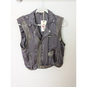 Jakett New York Women's Satin Leather Trim Vest Cargo Military Sz XL Grey